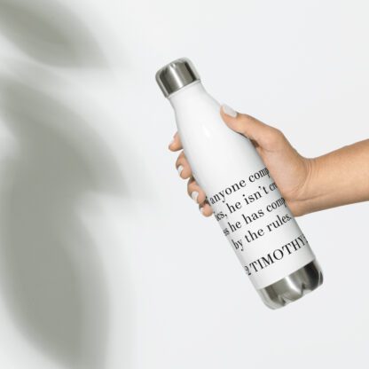 Bilingual stainless steel water bottle with English (2 Timothy 2:5) white 17 oz back view handheld on white background